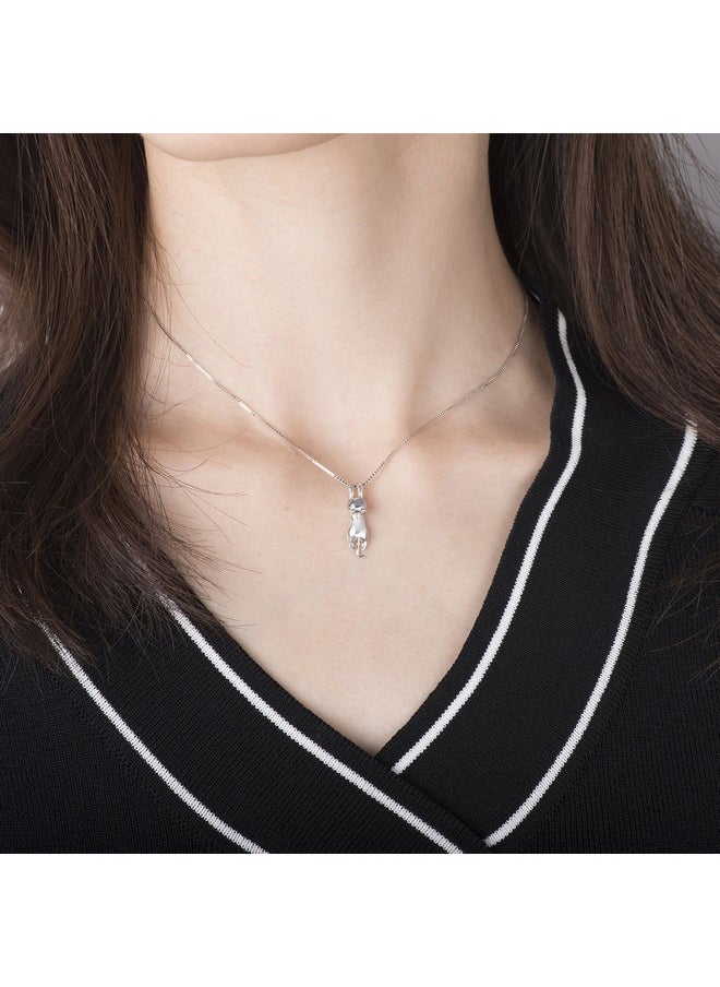 S.Leaf - S925 Sterling Silver Cat Necklace Polish Mirror Silver Cat Pendant Collarbone Necklace - Image 1