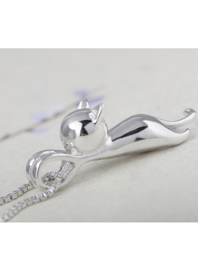S.Leaf - S925 Sterling Silver Cat Necklace Polish Mirror Silver Cat Pendant Collarbone Necklace - Image 1