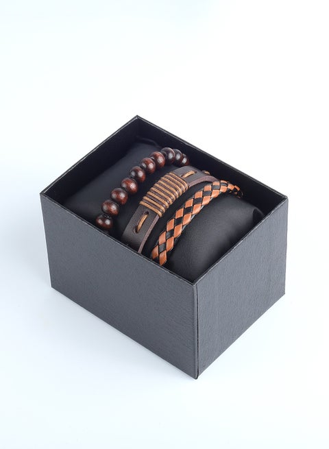 Luxury Men's Leather Bracelet Set - 3 Dark Brown Faux Leather Bracelets with Stylish Modern Design - Perfect Gift for Men in an Elegant Gift Box