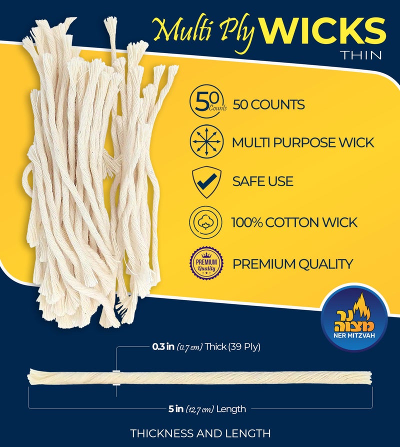 Ner Mitzvah Natural Smokeless Cotton Wicks â€“ 50 Count (Approx.) 39 Ply Thin for Oil Cup Candle â€“ Replacement Wicks - Image 3