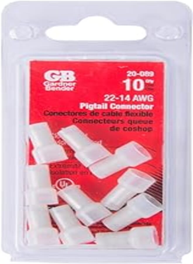 GB 22-14 AWG Closed-End Pigtail Crimp Connector 20-089, Tin Plated Copper w Insulated Nylon, Resists Vibration, White, 10Pk 