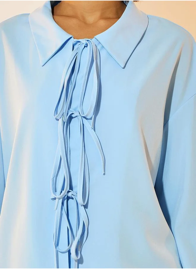 Take Two Solid Bow-Tie Detail Long Sleeve Collared Shirt