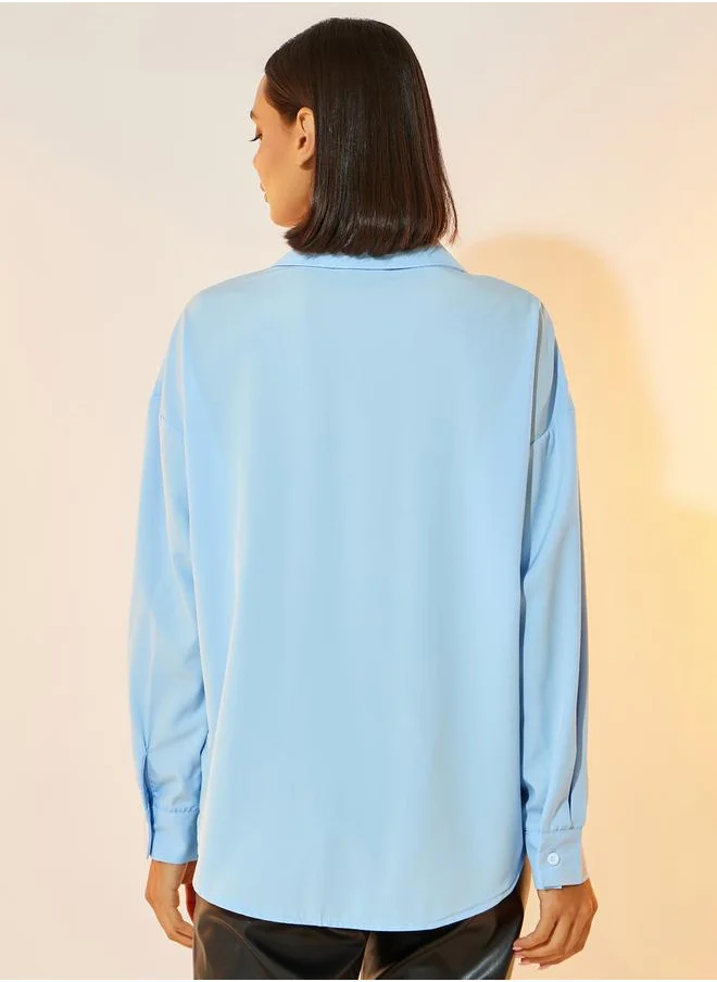 Take Two Solid Bow-Tie Detail Long Sleeve Collared Shirt