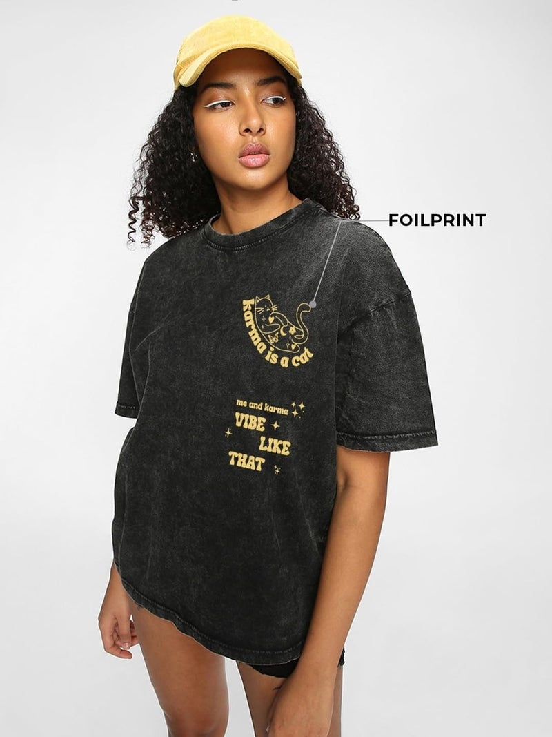 Bewakoof Women's Graphic Print Oversized Fit Half Sleeve Round Neck Cotton T-Shirt_628047_Black_S - Image 4