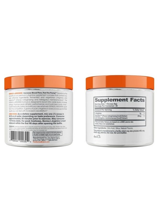 The Genius Brand - Genius L-Arginine Nitric Oxide Powder - Fermented L- Arginine Nutritional Supplements & Nitric Oxide Booster - Pre Workout, Natural Muscle Builder - 30 Servings, Lemon - Image 1