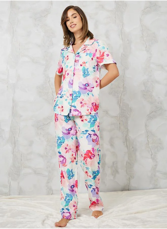 ستايلي Watercolor Floral Print Shirt & Pyjama Set