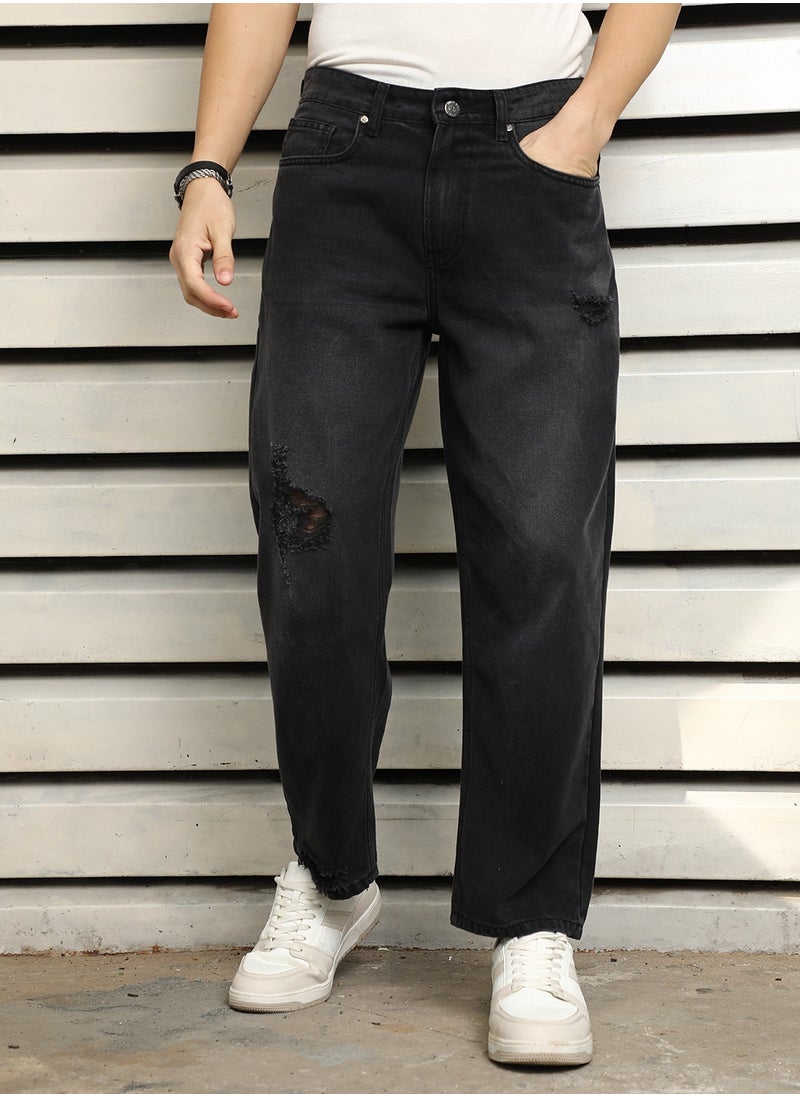 HIGH STAR Men's Black 100% Cotton Bleached Full Length Loose Jeans  - Image 1