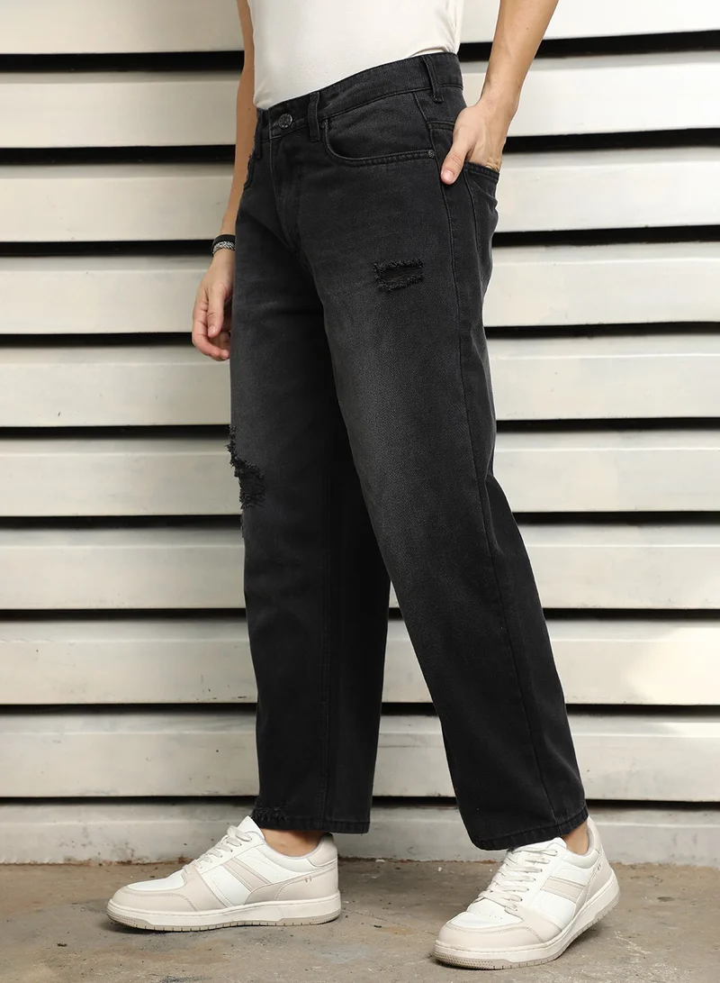 HIGH STAR Men's Black 100% Cotton Bleached Full Length Loose Jeans