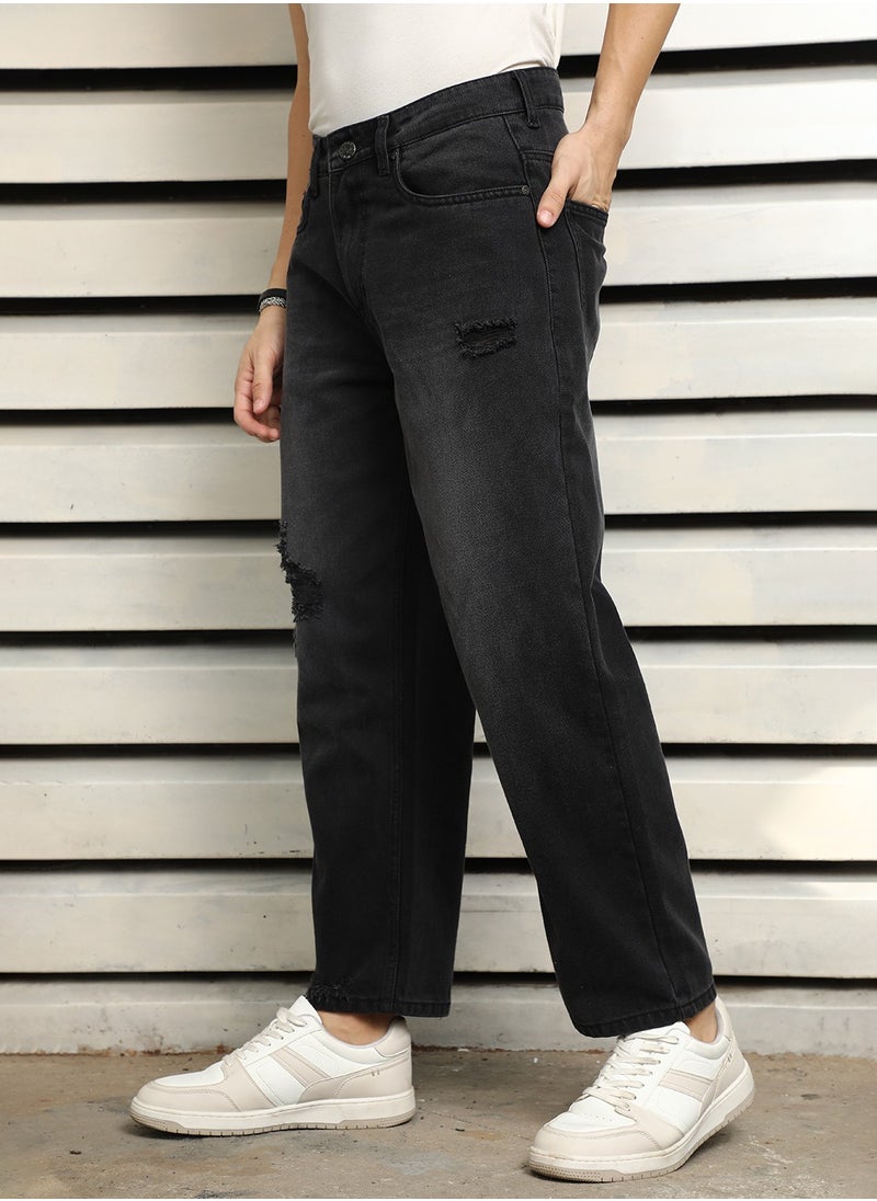HIGH STAR Men's Black 100% Cotton Bleached Full Length Loose Jeans  - Image 3