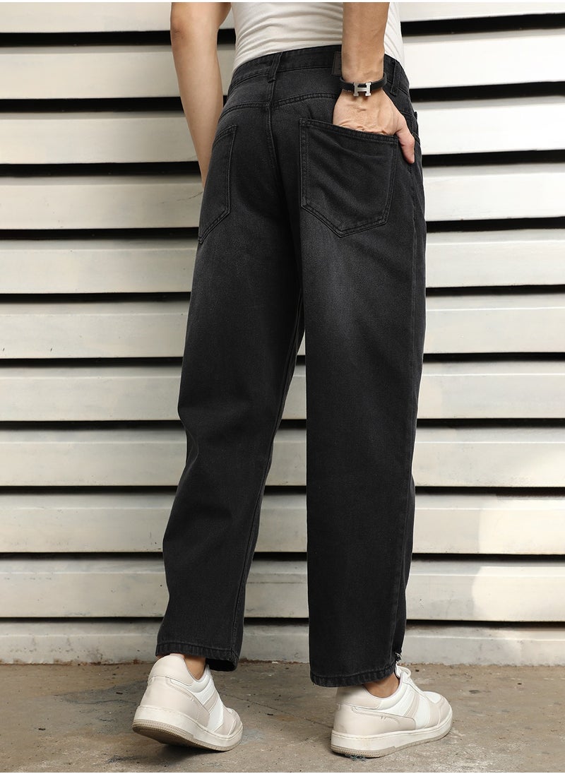 HIGH STAR Men's Black 100% Cotton Bleached Full Length Loose Jeans  - Image 4