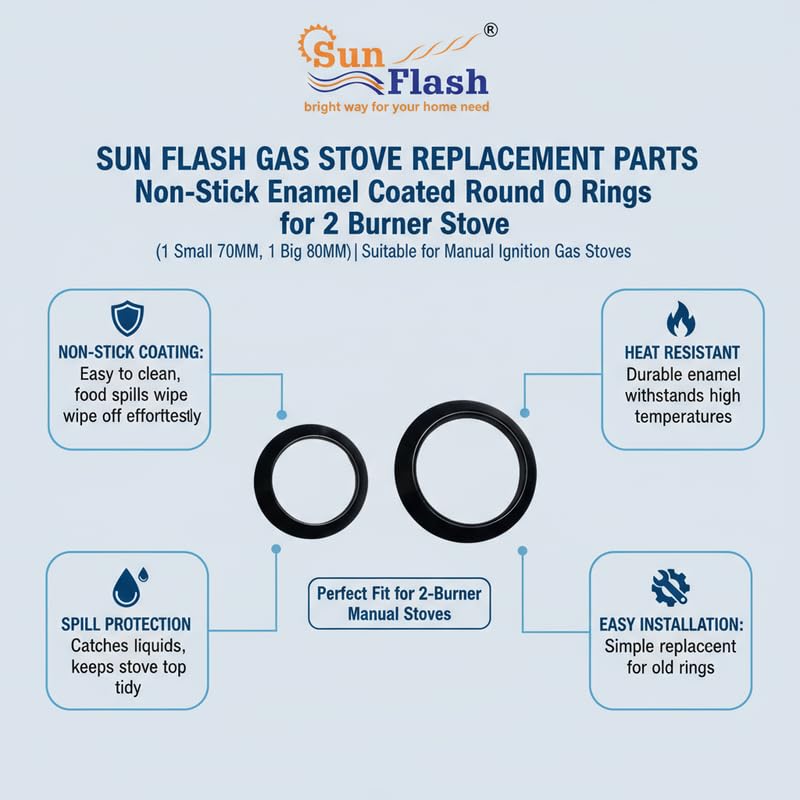 SUN FLASH قطع غيار موقد الغاز O Ring | O Ring مغطاة بالمينا غير لاصقة (1 صغير 70 مم + 1 كبير 80 مم) متوافقة مع جميع العلامات التجارية وما إلى ذلك. موقد الغاز بالإشعال اليدوي - Image 4