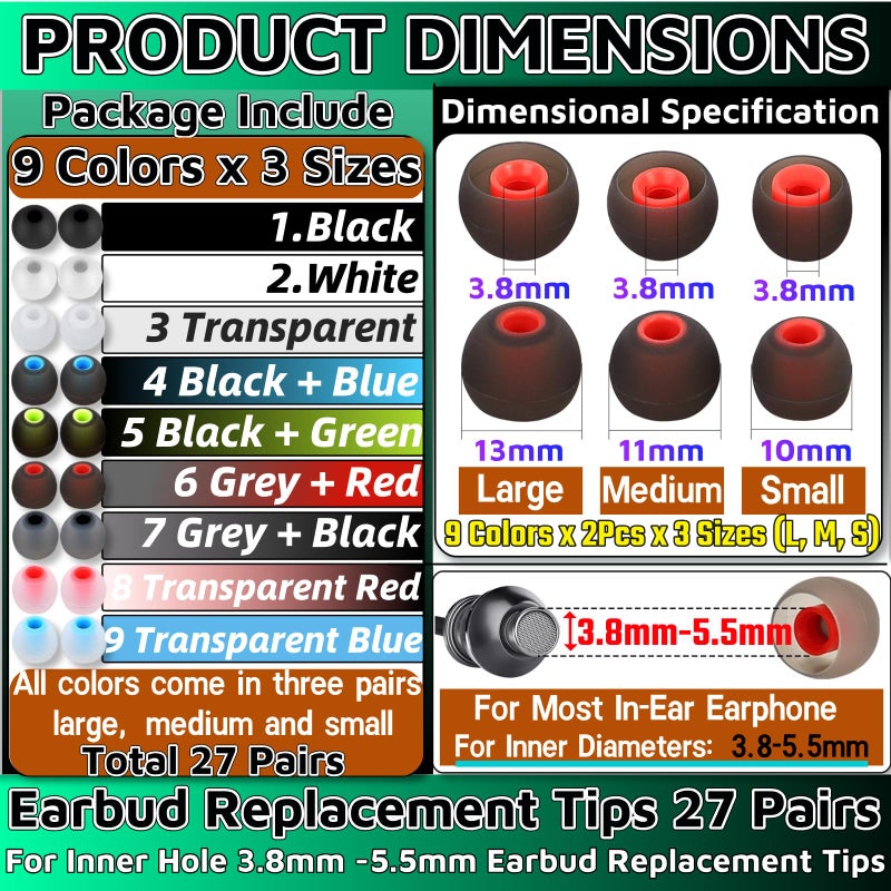 WenTigDY Earbud Replacement Tips 54Pcs,3 Sizes S/M/L, 9 Colors Silicone Tips Headphone Covers Ear Bud Rubber Tips Silicone Earbud for Ears Headphone Ear Covers Replacement (Inner Hole 3.8mm -5.1mm) - Image 2