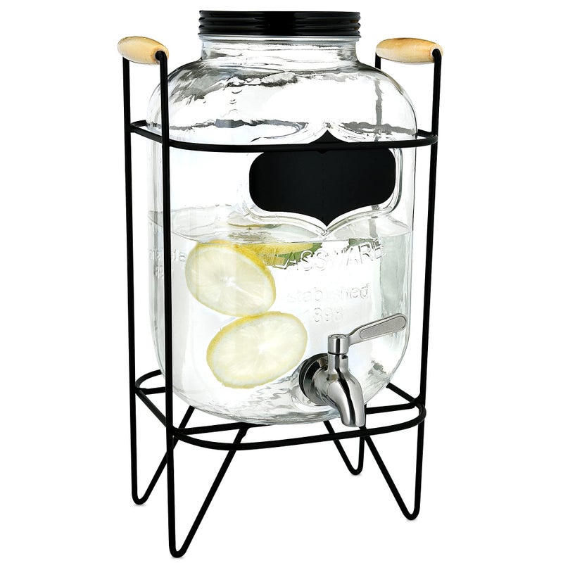 Navaris Navaris Beverage Dispenser with Spigot and Stand  13 Gallon 5L Glass Drink Jar with Tap and Metal Wire Stand  For Cold Drinks Ice Water 