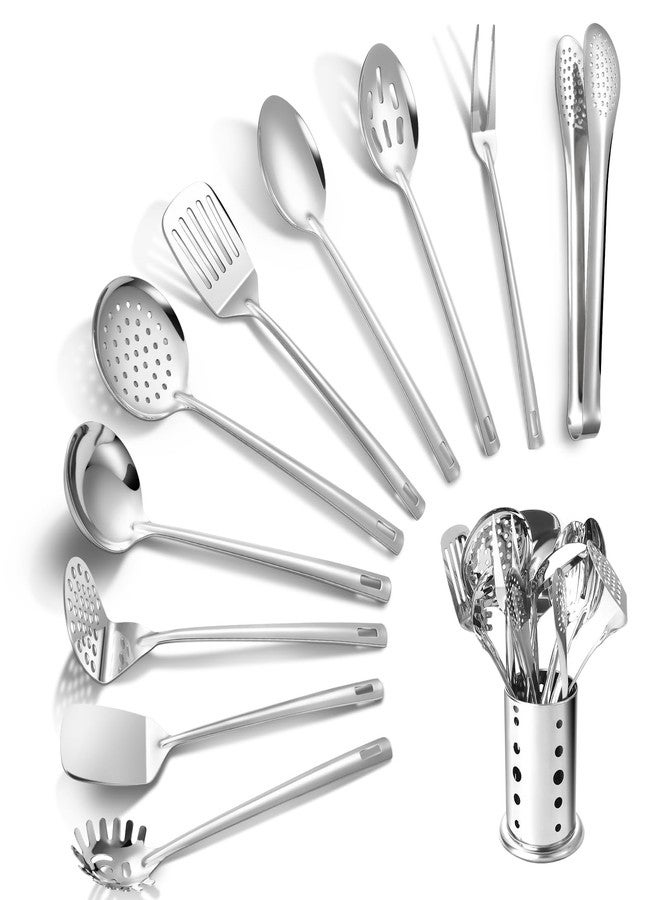 Lazycorner Kitchen Utensils Set, 11pcs Stainless Steel Cooking Utensils Set with Holder, Metal Kitchen Set for Cooking with Turners, Potato Masher, Spatula, Spoons, Pasta, Tongs - Image 1