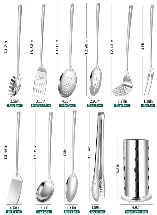 Lazycorner Kitchen Utensils Set, 11pcs Stainless Steel Cooking Utensils Set with Holder, Metal Kitchen Set for Cooking with Turners, Potato Masher, Spatula, Spoons, Pasta, Tongs - Image 2