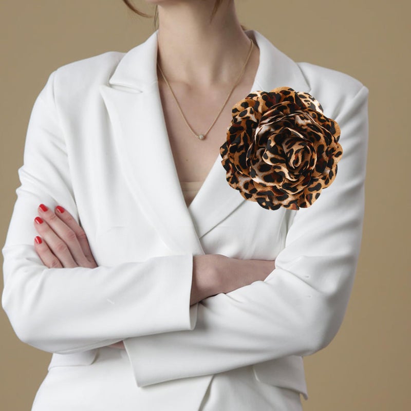 PLwelth Leopard Print Brooch Pins Large Flower Hair Clips for Women Fabric Flower Brooch Floral Lapel Pins for Clothes Dresses Suits Leopard Print Jewelry Accessories for Wedding Party Dance - Image 2