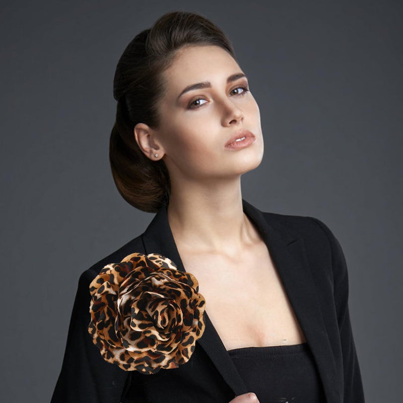 PLwelth Leopard Print Brooch Pins Large Flower Hair Clips for Women Fabric Flower Brooch Floral Lapel Pins for Clothes Dresses Suits Leopard Print Jewelry Accessories for Wedding Party Dance - Image 4