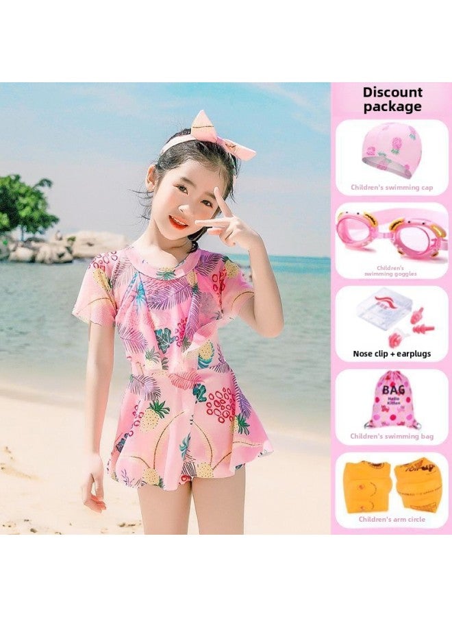 Loquat Parent-child Swimsuit Mother And Daughter One-piece Dress Swimsuit Girl Middle And Big Children Princess Cute Western Style Girl Swimsuit-Color:Children's Pink + Six-piece Set- - Image 1