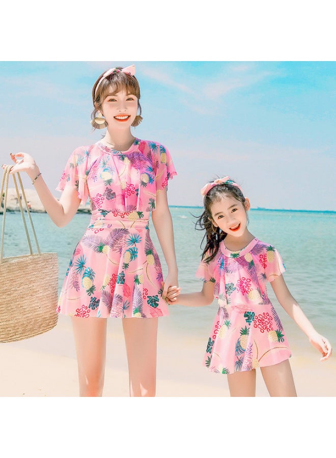 Loquat Parent-child Swimsuit Mother And Daughter One-piece Dress Swimsuit Girl Middle And Big Children Princess Cute Western Style Girl Swimsuit-Color:Children's Pink + Six-piece Set- - Image 2