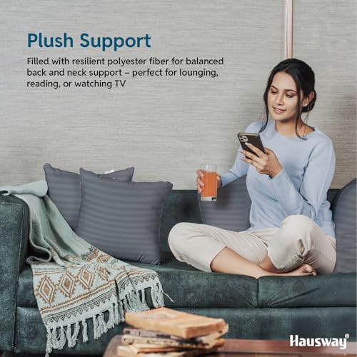 HAUSWAY Cushion for Sofa | Microfiber Square Sofa Cushion for Bed | Soft & Fluffy for Comfort and Back Support | Breathable, Washable Cushion – Grey Stripe, Pack of 2 [16" x 16"] - Image 3