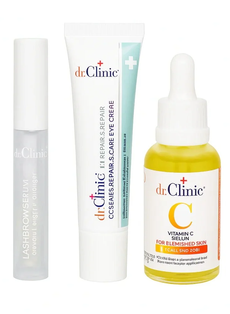 dr.Clinic مجموعة العناية بالبشرة د. كلينك للتغذية والإصلاح | سيروم فيتامين سي  مل + كريم العين المضاد للتجاعيد  مل + سيروم الرموش والحواجب  مل