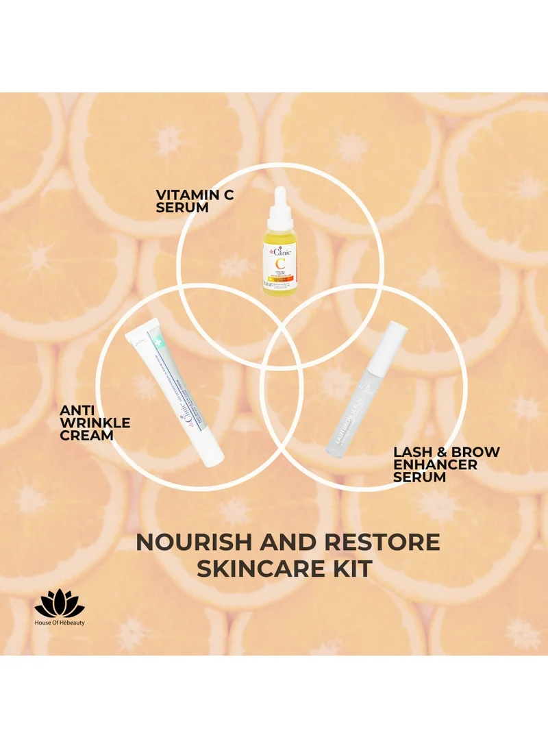 dr.Clinic مجموعة العناية بالبشرة د. كلينك للتغذية والإصلاح | سيروم فيتامين سي  مل + كريم العين المضاد للتجاعيد  مل + سيروم الرموش والحواجب  مل