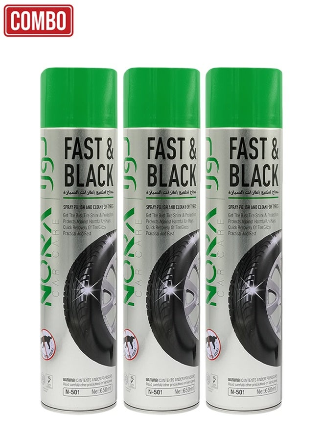 Nora Combo - 3pcs Nora Fast & Black Tyre Shine Spray 650ml High Gloss Tire Dressing for Instant Shine, Protection and Long-Lasting Black Finish for Car & Bike Tyres - N-501 - Image 1