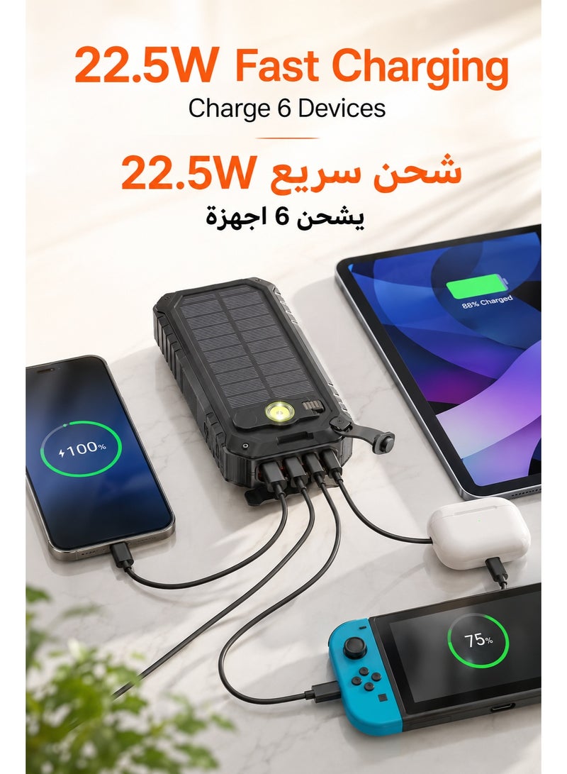 باور بانك شمسي 20000mAh، شاحن متنقل سريع 22.5W مع 4 كابلات مدمجة، شاحن يدوي للطوارئ، 6 مخارج و4 مداخل، كشاف LED مزدوج، بوصلة، مناسب للتخييم والسفر، أسود - Image 2