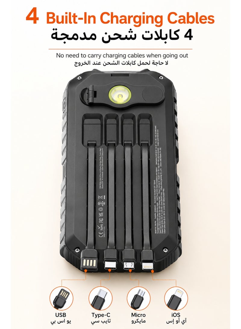 باور بانك شمسي 20000mAh، شاحن متنقل سريع 22.5W مع 4 كابلات مدمجة، شاحن يدوي للطوارئ، 6 مخارج و4 مداخل، كشاف LED مزدوج، بوصلة، مناسب للتخييم والسفر، أسود - Image 3