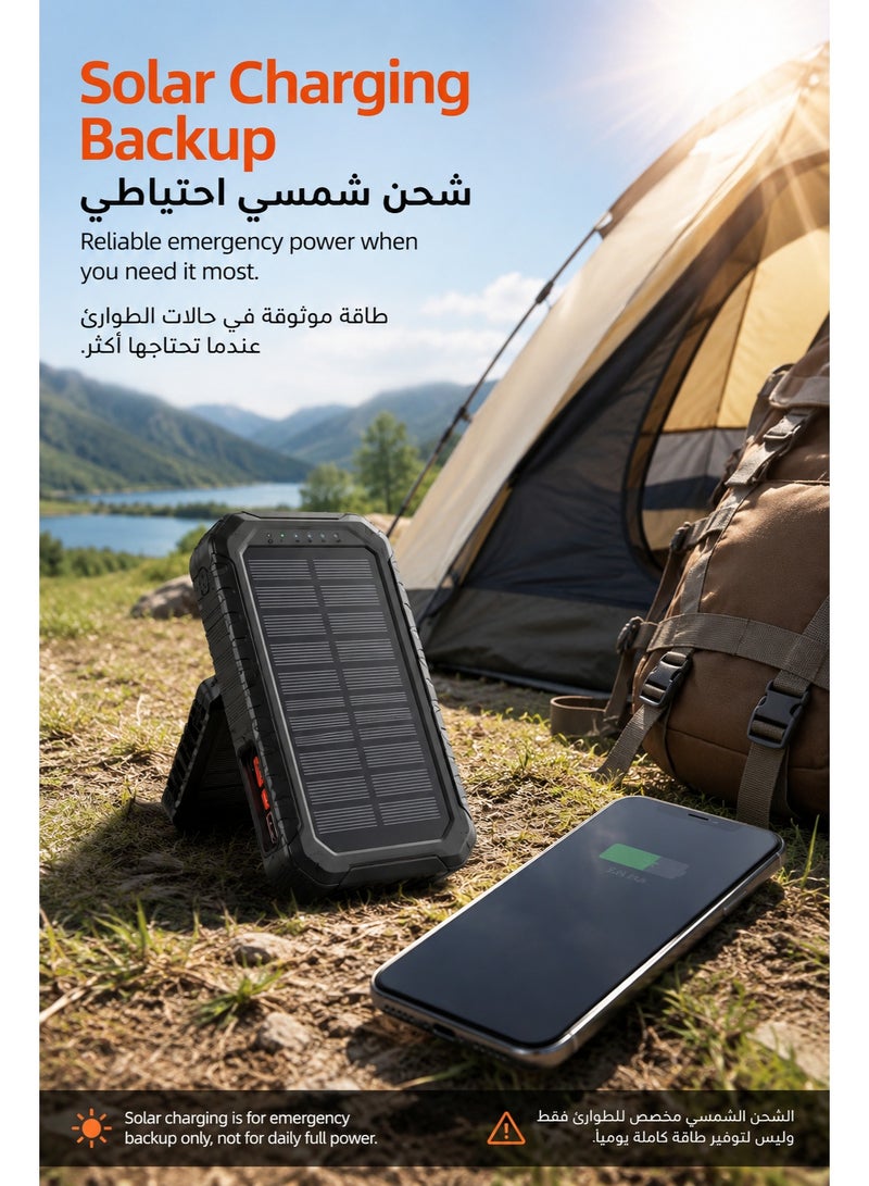 باور بانك شمسي 20000mAh، شاحن متنقل سريع 22.5W مع 4 كابلات مدمجة، شاحن يدوي للطوارئ، 6 مخارج و4 مداخل، كشاف LED مزدوج، بوصلة، مناسب للتخييم والسفر، أسود - Image 4
