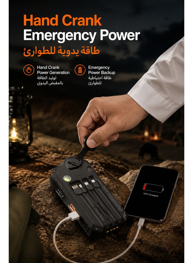 باور بانك شمسي 20000mAh، شاحن متنقل سريع 22.5W مع 4 كابلات مدمجة، شاحن يدوي للطوارئ، 6 مخارج و4 مداخل، كشاف LED مزدوج، بوصلة، مناسب للتخييم والسفر، أسود - Image 5