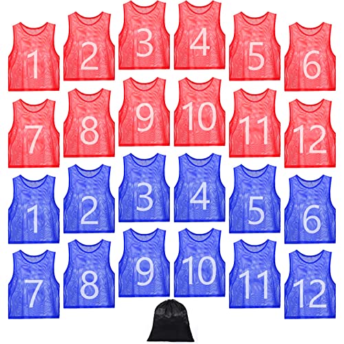 JenPen 24 Pcs Nylon Mesh Pinnies with Numbers Scrimmage Jerseys for Scrimmage Vest Soccer Bibs for Youth Adult with Carry Bag(Blue, Red) - Image 1