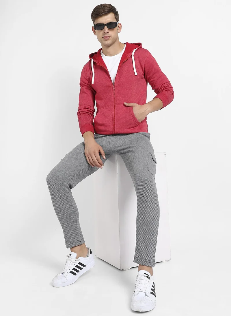 Campus Sutra Men's Red Zip-Front Hoodie With Contrast Drawstring