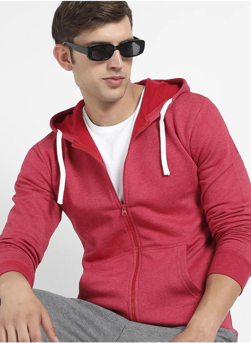 Campus Sutra Men's Red Zip-Front Hoodie With Contrast Drawstring