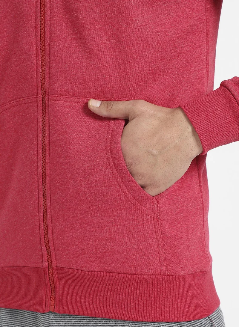 Campus Sutra Men's Red Zip-Front Hoodie With Contrast Drawstring