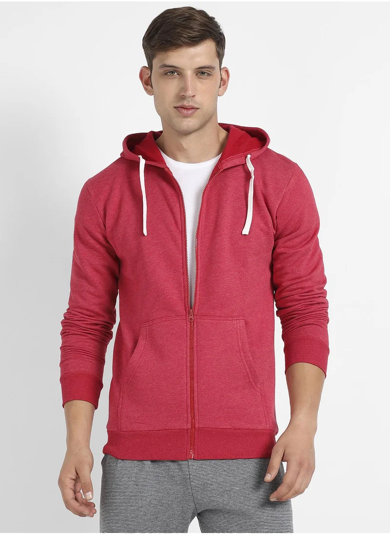 Campus Sutra Men's Red Zip-Front Hoodie With Contrast Drawstring