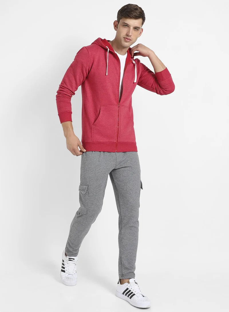 Campus Sutra Men's Red Zip-Front Hoodie With Contrast Drawstring