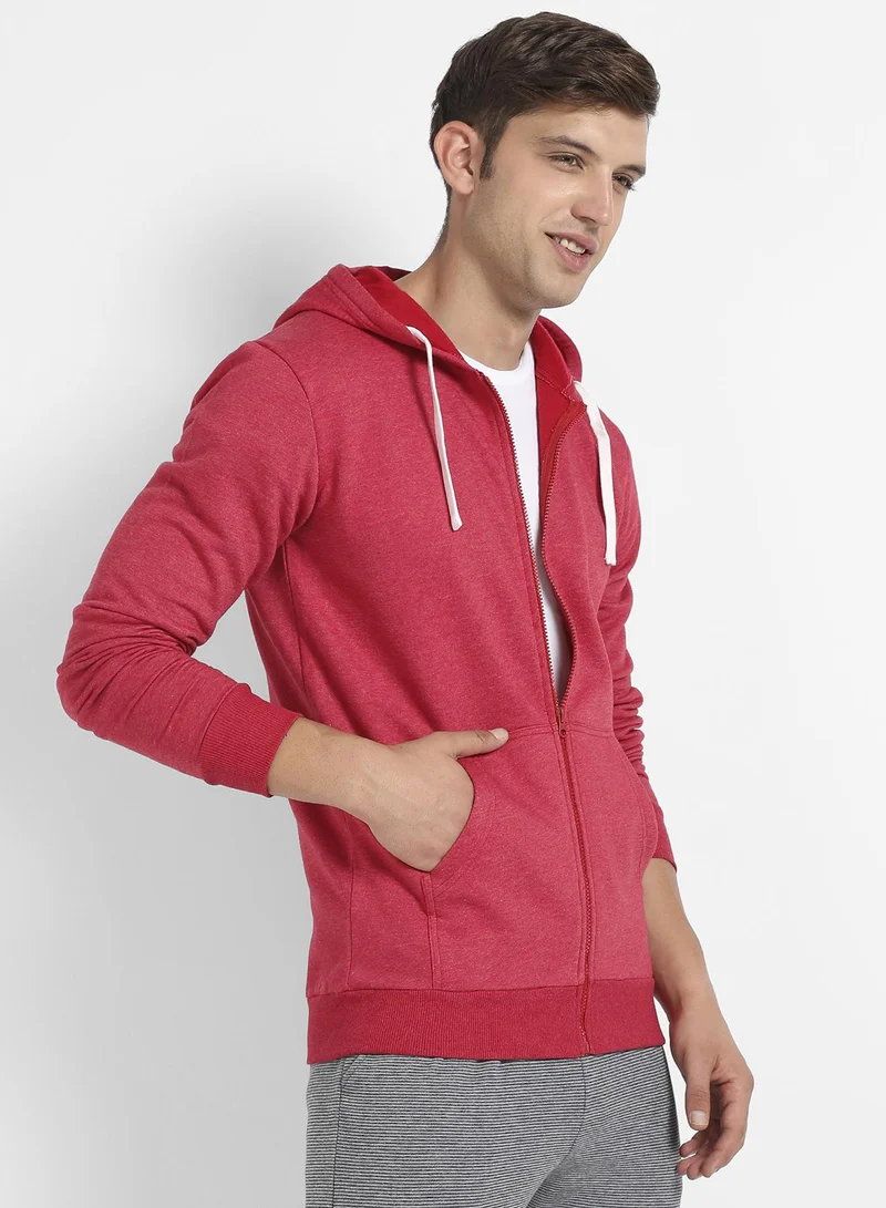 Campus Sutra Men's Red Zip-Front Hoodie With Contrast Drawstring