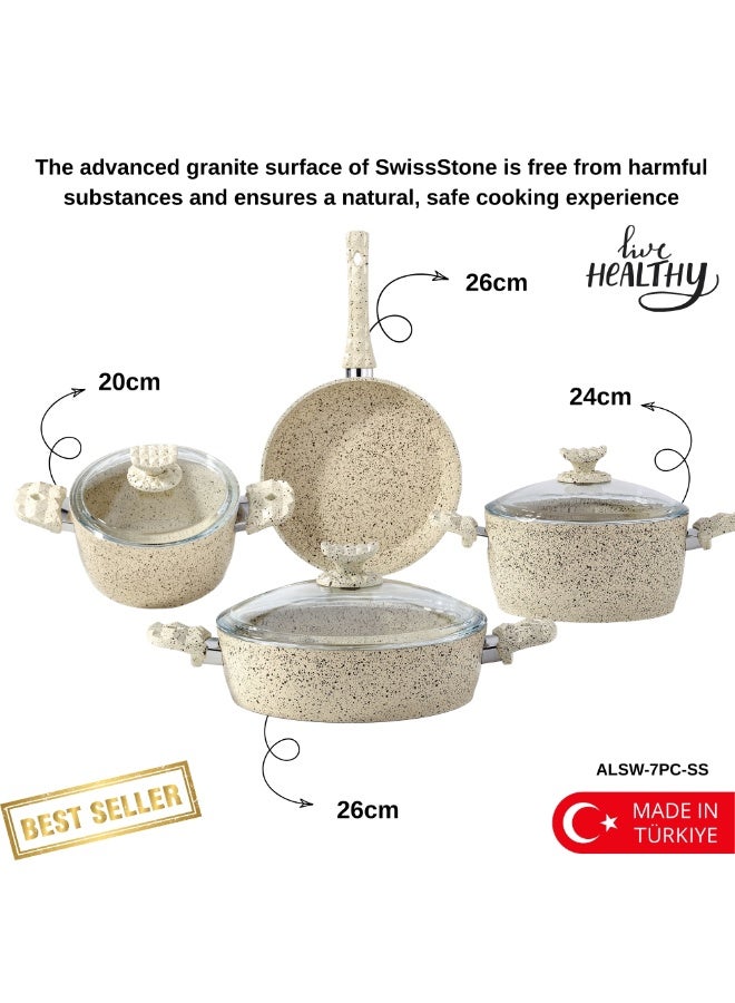 ALFA 7 Piece Swiss Stone Granite Cookware Set Non Stick Induction Base Healthy Cooking Pots and Pans Set - Image 3