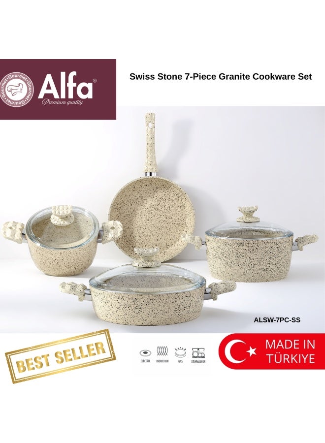 ALFA 7 Piece Swiss Stone Granite Cookware Set Non Stick Induction Base Healthy Cooking Pots and Pans Set - Image 1