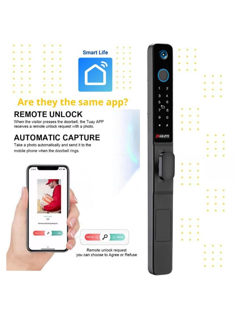 Golens - Golens X54 Luxury Smart Door Lock Digital Door Lock Long Handle Waterproof 5Way Unlock Camera Mobile App Fingerprint PIN OTP RFID Card and Manual Key Access Black - Image 1