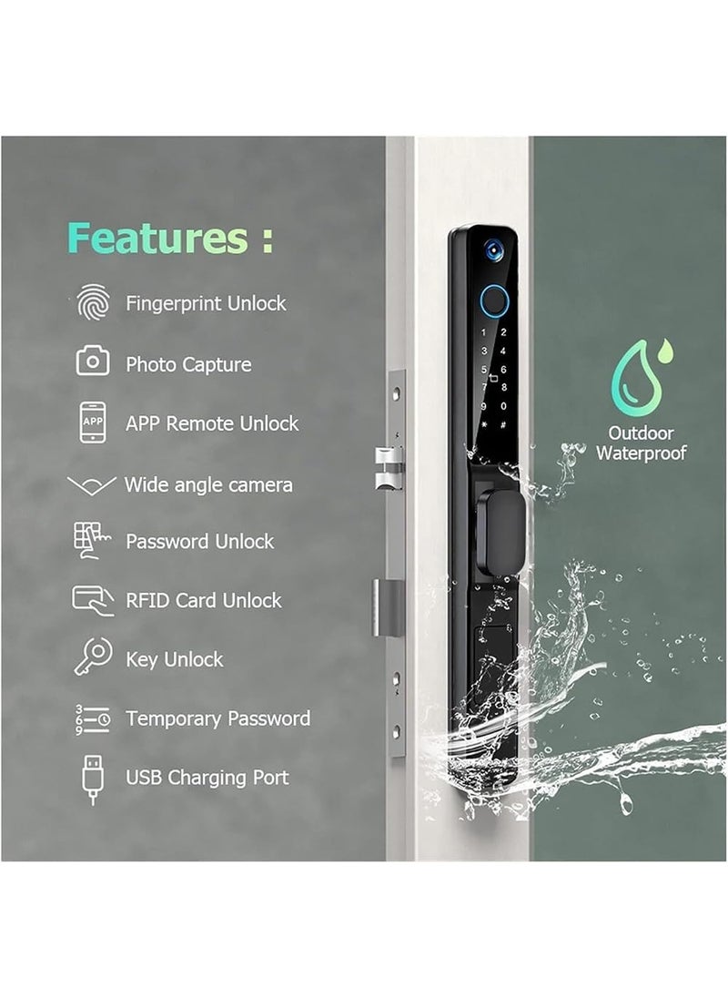 Golens - Golens X54 Luxury Smart Door Lock Digital Door Lock Long Handle Waterproof 5Way Unlock Camera Mobile App Fingerprint PIN OTP RFID Card and Manual Key Access Black - Image 1