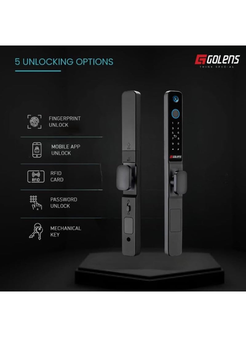 Golens - Golens X54 Luxury Smart Door Lock Digital Door Lock Long Handle Waterproof 5Way Unlock Camera Mobile App Fingerprint PIN OTP RFID Card and Manual Key Access Black - Image 1
