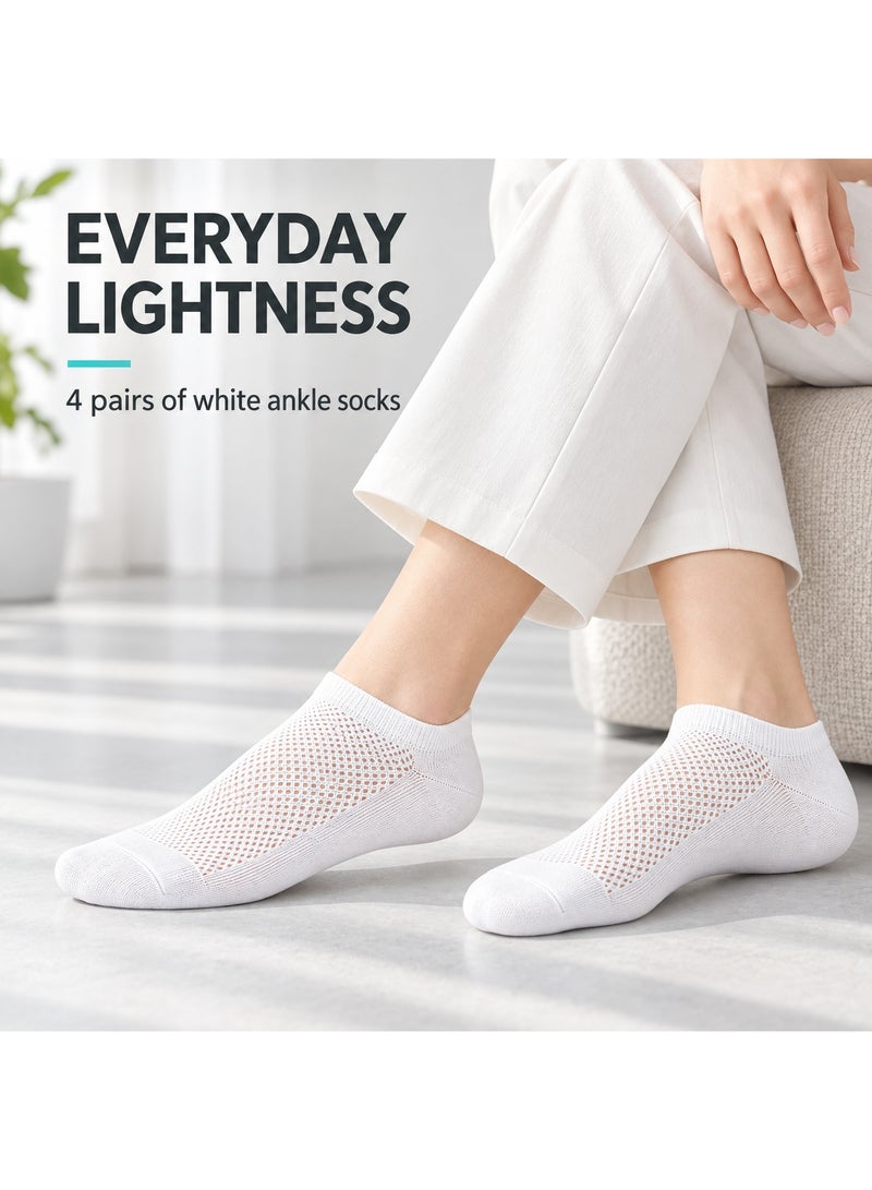 Daytoyz White Ankle Socks, 4 Pairs, Breathable Mesh Low-Cut Trainer Socks with Reinforced Toe and Heel, Stretch Ribbed Cuff for Everyday Wear - Image 3