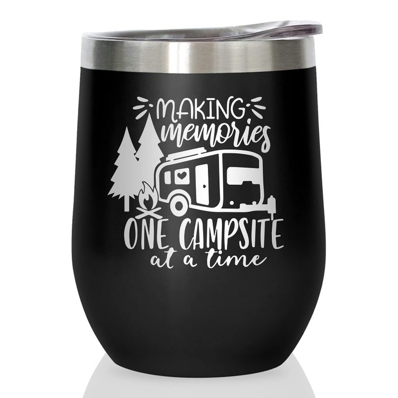 Joyloce Camper Wine Tumbler Coffee Mug Stemless Tumblers with Lid Stainless Steel Insulated Vacuum 12 Oz Camping Gifts Making Memories One Campsite At A Time