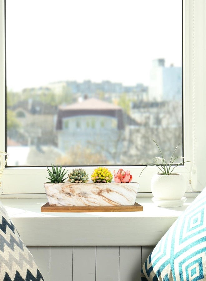 ARTKETTY Succulent Pots, 9.8 Inch Ceramic Succulent Planters with Drainage Small Bonsai Pot with Bamboo Tray, Mini Cactus Flower Planter Pot Shallow Rectangular Window Planters for Indoor Plants - Image 4
