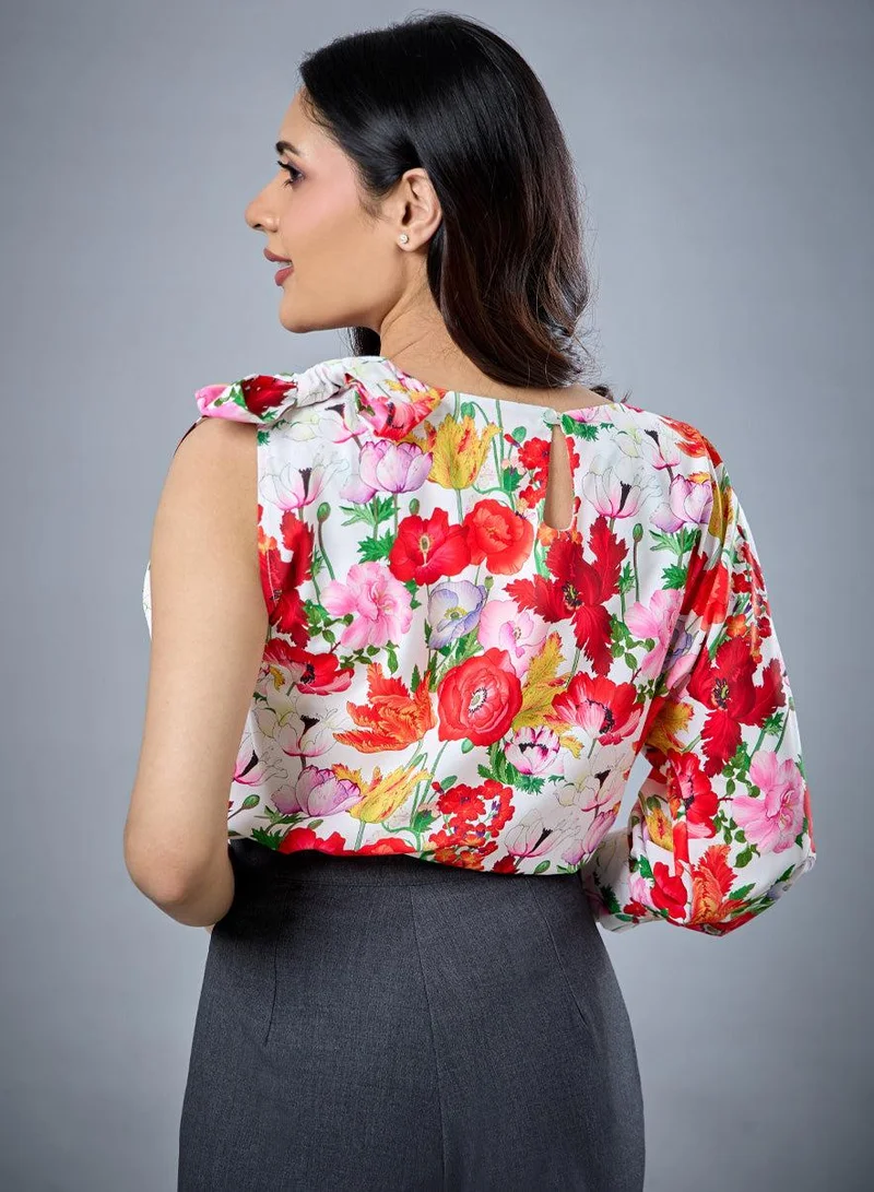 Zigzag One Sleeve Printed Chiffon Top