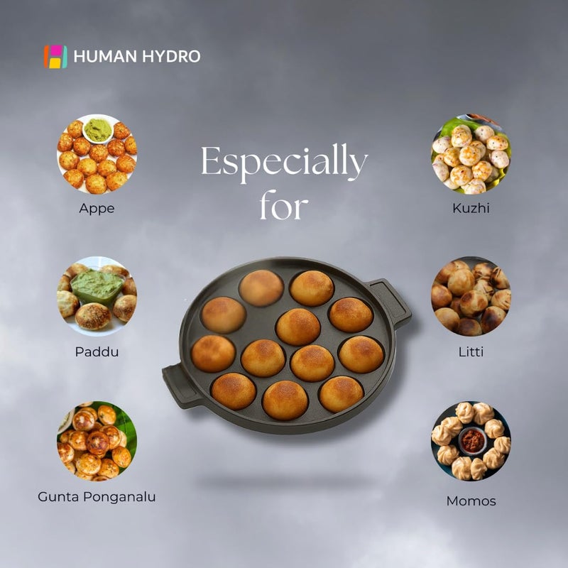 Human Hydro مقلاة بانيارام من الحديد الزهر مسبقة التتبيل مع غطاء (12 فتحة، 20 سم/8 بوصة) | غير لاصقة، 100% طبيعية وغير سامة | أبا باترا، كوزي بانياراكال، بادو والمزيد - Image 4