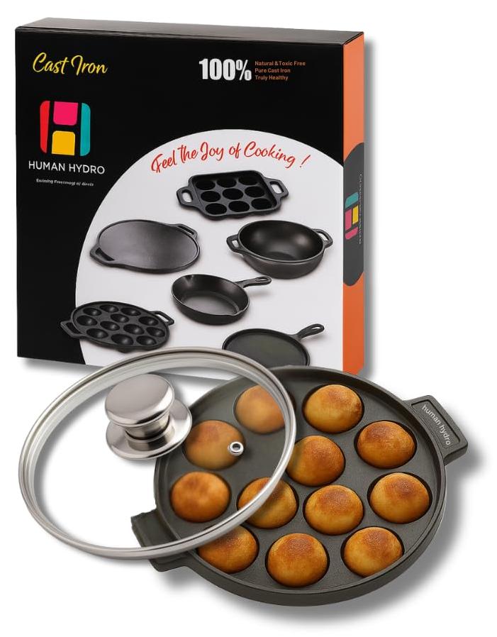 Human Hydro مقلاة بانيارام من الحديد الزهر مسبقة التتبيل مع غطاء (12 فتحة، 20 سم/8 بوصة) | غير لاصقة، 100% طبيعية وغير سامة | أبا باترا، كوزي بانياراكال، بادو والمزيد - Image 1