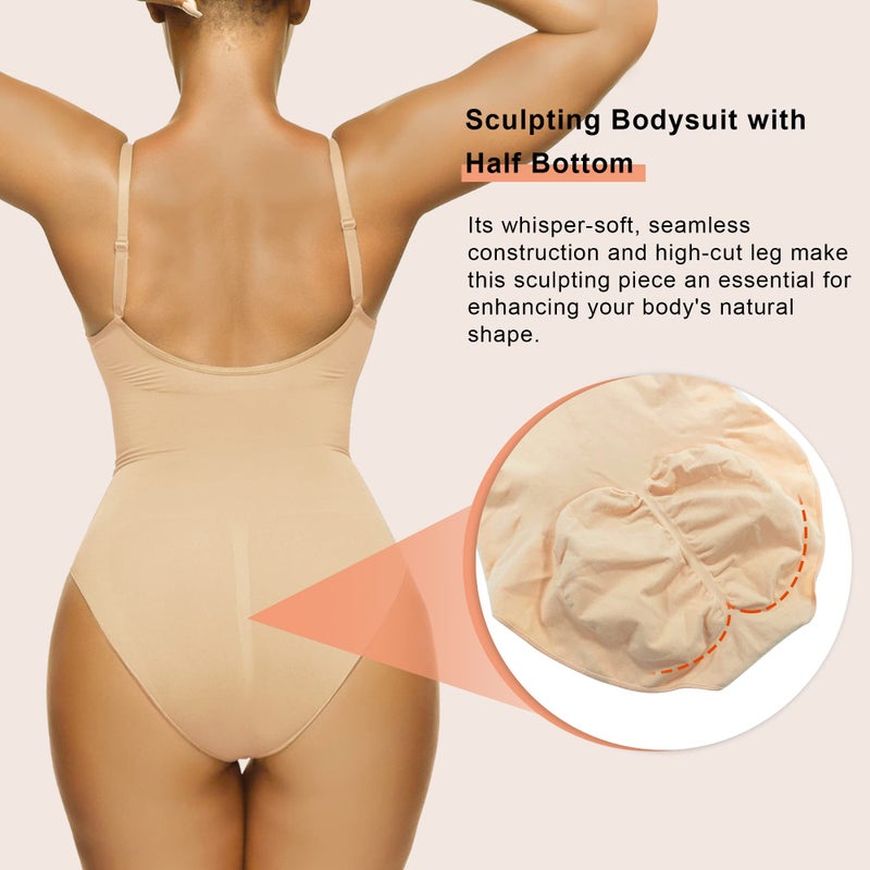 SHAPERX Women's Seamless Shapewear Bodysuit Tummy Control Body Shaper Waist Defining Body Suit,SZ5213-Beige-L/XL - Image 2